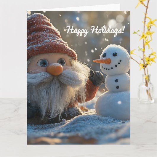 Gnome und Snowman im Winter Wunderland Karte (Gelbe Blume)