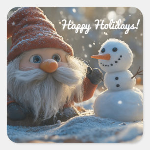 Gnome und Snowman im Winter Wunderland Quadratischer Aufkleber