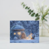 Gnome with a Lantern Outside a Snowy Stone Hut Postkarte (Stehend Vorderseite)