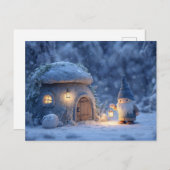 Gnome with a Lantern Outside a Snowy Stone Hut Postkarte (Vorne/Hinten)