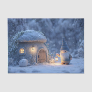 Gnome with a Lantern Outside a Snowy Stone Hut Seidenpapier