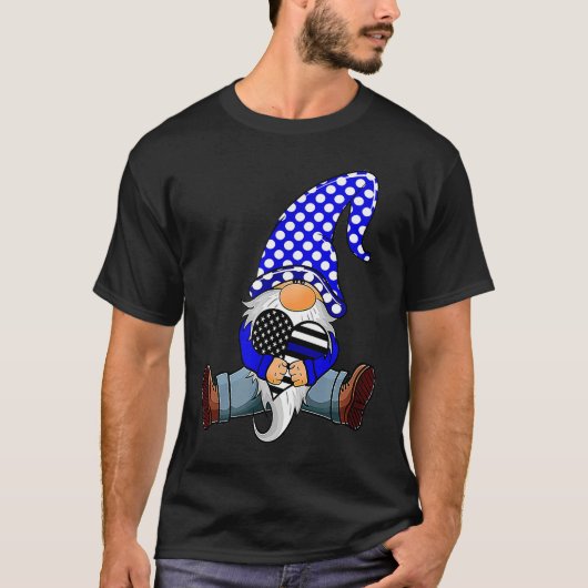 Gnome With Heart American Flag Heart Blue Line Pol T-Shirt (Vorderseite)