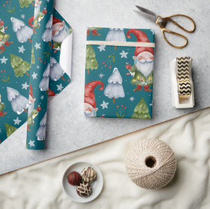 Gnome Wrapping Paper Aquamarin Watercolor Geschenkpapier