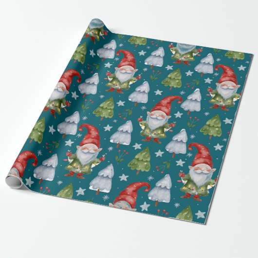 Gnome Wrapping Paper Aquamarin Watercolor Geschenkpapier (Ungerollt)