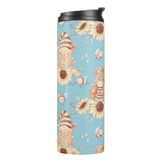 Gnomen, Bienen und Sonnenblumen Thermosbecher (Nach links gedreht)