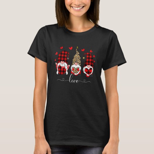 Gnomes Holding Leopard Heart Buffalo Plaid Valenti T-Shirt (Vorderseite)