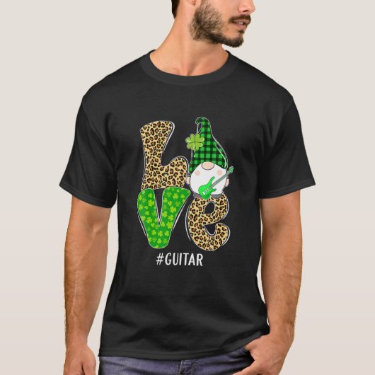 Gnomes Patrick's Day Liebe Guitar Leopard Kariert T-Shirt (Vorderseite)