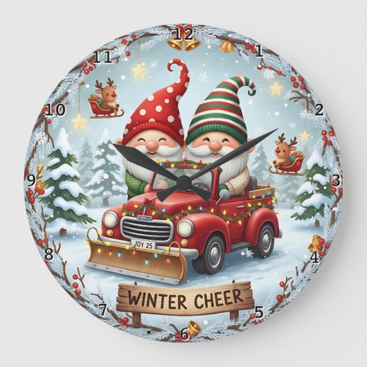 Gnomes Red Truck Winter Große Wanduhr (Vorderseite)