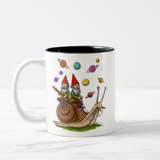 Gnomes Riding Snail Zweifarbige Tasse (Links)