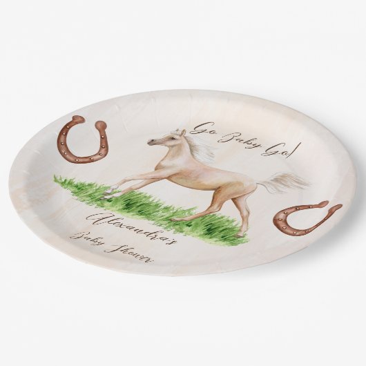 Go baby laufen beige Pferdeschuhdusche Pappteller (Schrägansicht)