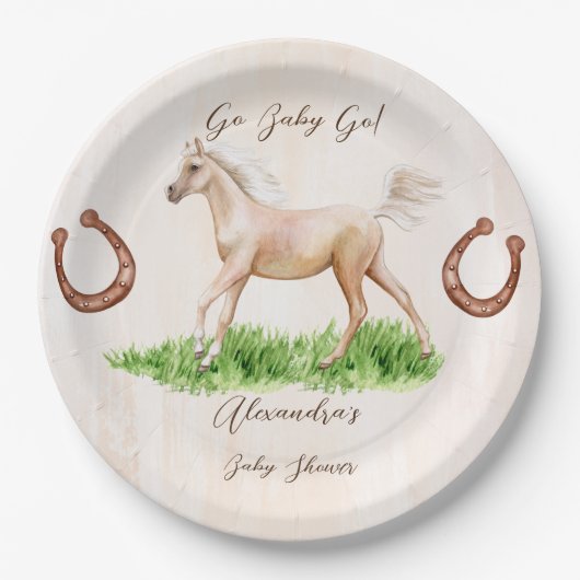 Go baby laufen beige Pferdeschuhdusche Pappteller (Vorderseite)