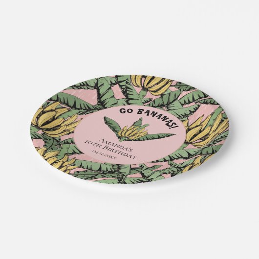 Go Bananen Rosa Gelbe Banane und Blätter Pappteller (Schrägansicht)