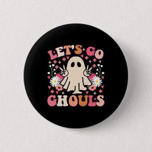 Go Ghouls Retro Floral Ghost Groovy Halloween Button