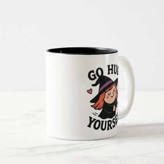 Go Hug Yourself Witch – Cute Self-Love Halloween Zweifarbige Tasse (VorderseiteRechts)