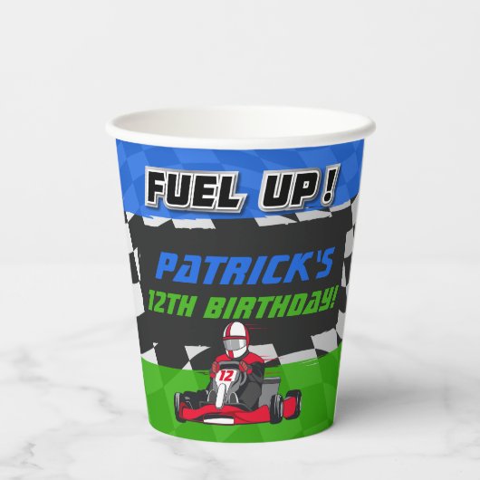 Go Kart Birthday Party Checked Pappbecher (Rückseite)