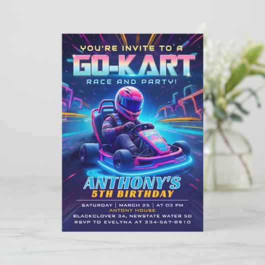 Go kart Race Birthday Party Einladung (Stehend Vorderseite)