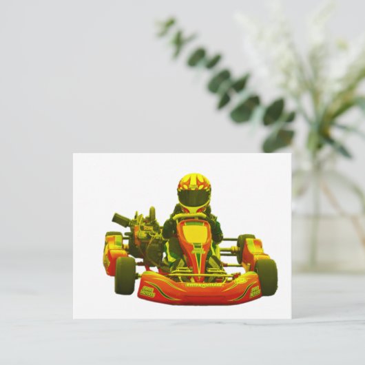 Go Kart Racer in Gelb Postkarte (Stehend Vorderseite)