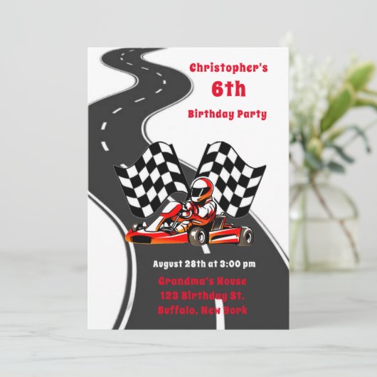 Go Kart Racing Boy Birthday Party Einladung (Stehend Vorderseite)