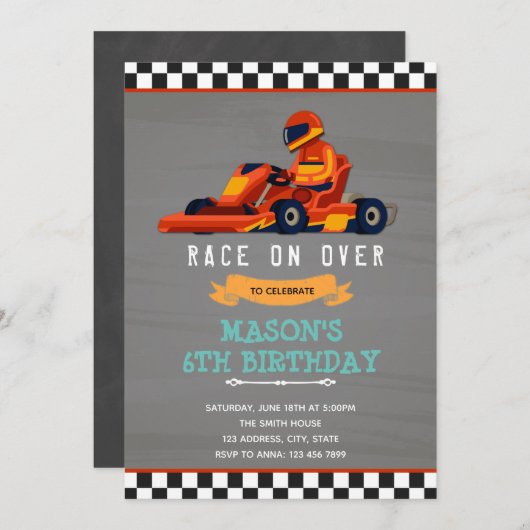 Go kart Rennwagen Geburtstag Einladung (Vorne/Hinten)