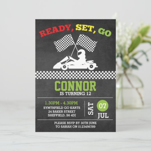 Go-Karting-Geburtstagsfeier Einladung (Stehend Vorderseite)