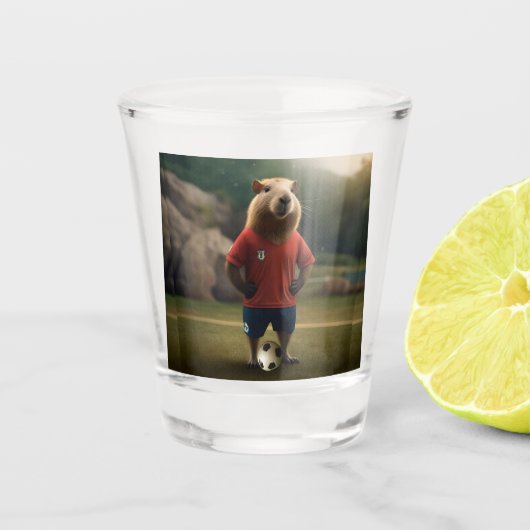 "Goal-Scoring Capybara: Der ultimative Fußballstar Schnapsglas (Vorderseite)
