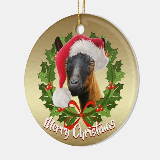 GOAT Oberhasli Milchziege Doe Weihnachtsmannmütze Keramikornament (Links)