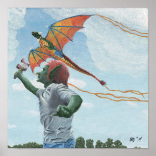 Goblin Flying Dragon Drache Fantasy Mauer Kunst Poster
