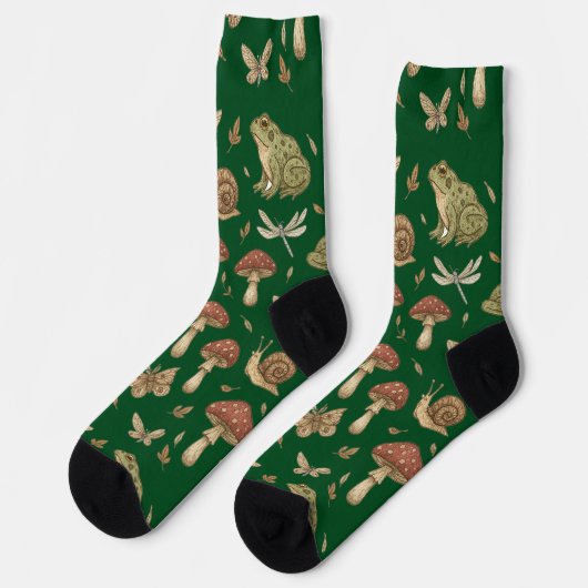 Goblincore Mushroom Frog Snail Dragonfly Pattern Socken (Linkes Detail)