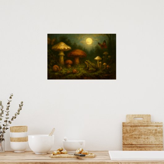 Goblincore Mushrooms, Snails & Frog In Moonlight Poster (Küche)