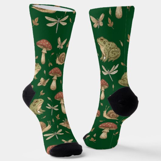 Goblincore-Pilz-Frosch-Schnecke-Libellen-Muster Socken (Gewinkelt)