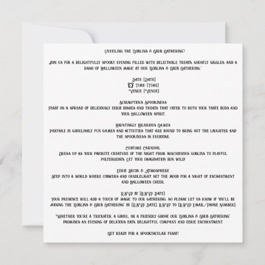 👻 🍽️ "Goblins & Grub Ansammlung"! 🍽️ 👻 Hallowe Einladung (Rückseite)
