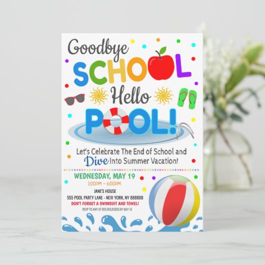 Gobye School Hello Pool Party Einladung (Stehend Vorderseite)