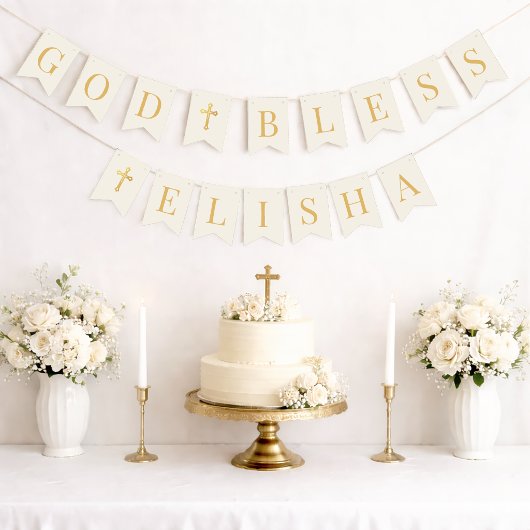 God Bless 6 Letters Ivory & Gold Baptism Communion Wimpelkette