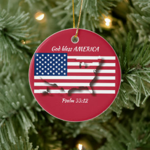 GOD BLESS AMERICA Flag Custom Scripting RED Keramik Ornament