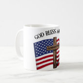 GOD BLESS AMERICA mit robustem Kreuz und US-Flagge Kaffeetasse (Vorderseite Links)