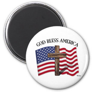 GOD BLESS AMERICA mit robustem Kreuz und US-Flagge Magnet