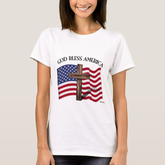 GOD BLESS AMERICA mit robustem Kreuz und US-Flagge T-Shirt (Vorderseite)