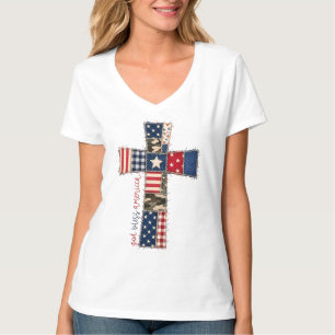 God Bless America Patchwork Kreuz T-Shirt