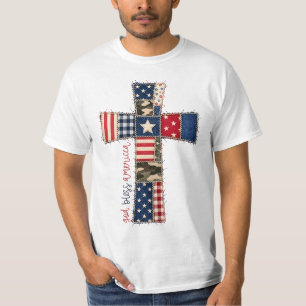 God Bless America Patchwork Kreuz T-Shirt