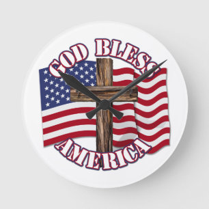 God Bless American with USA Flag & Cross Runde Wanduhr