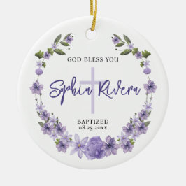 God Bless Christening Girl Purple Blumen Keramik Ornament