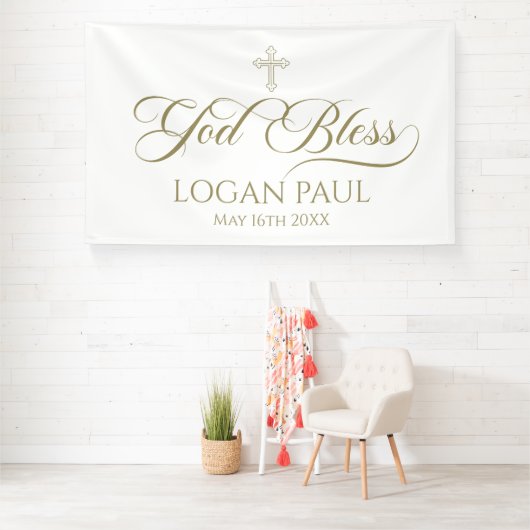 GOD BLESS gold banner backdrop (Insitu)