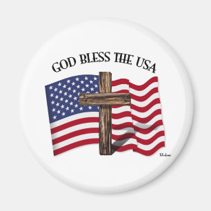 GOD BLESS THE USA mit robustem Kreuz & US-Flagge Magnet