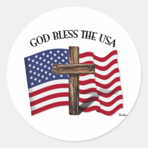 GOD BLESS THE USA mit robustem Kreuz & US-Flagge Runder Aufkleber
