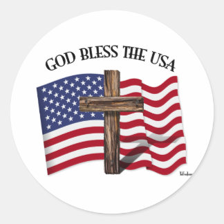 GOD BLESS THE USA mit robustem Kreuz & US-Flagge Runder Aufkleber