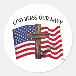 GOD BLESS UNUR NAVY mit robustem Kreuz und US-Flag Runder Aufkleber