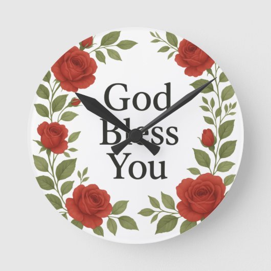 God Bless You Religious Rose Floral Runde Wanduhr (Vorderseite)