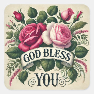 God Bless You Rosen Vintage Quadratischer Aufkleber