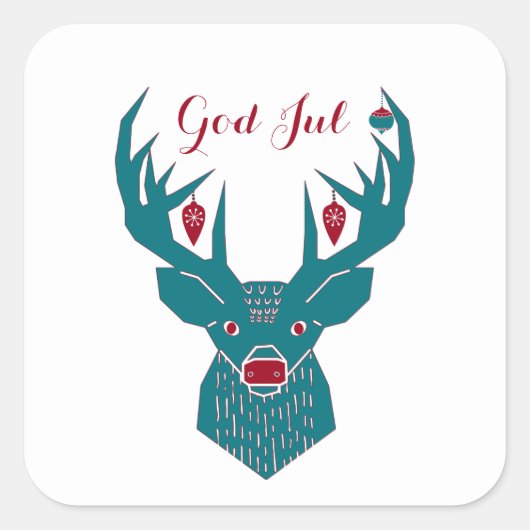 God Jul Scandinavian Blue and Red Rentier Quadratischer Aufkleber (Vorderseite)