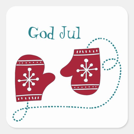 God Jul Scandinavian Red Mittens Quadratischer Aufkleber (Vorderseite)
